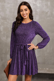 Violet textured pleated mini dress with long sleeves and a tie waist.