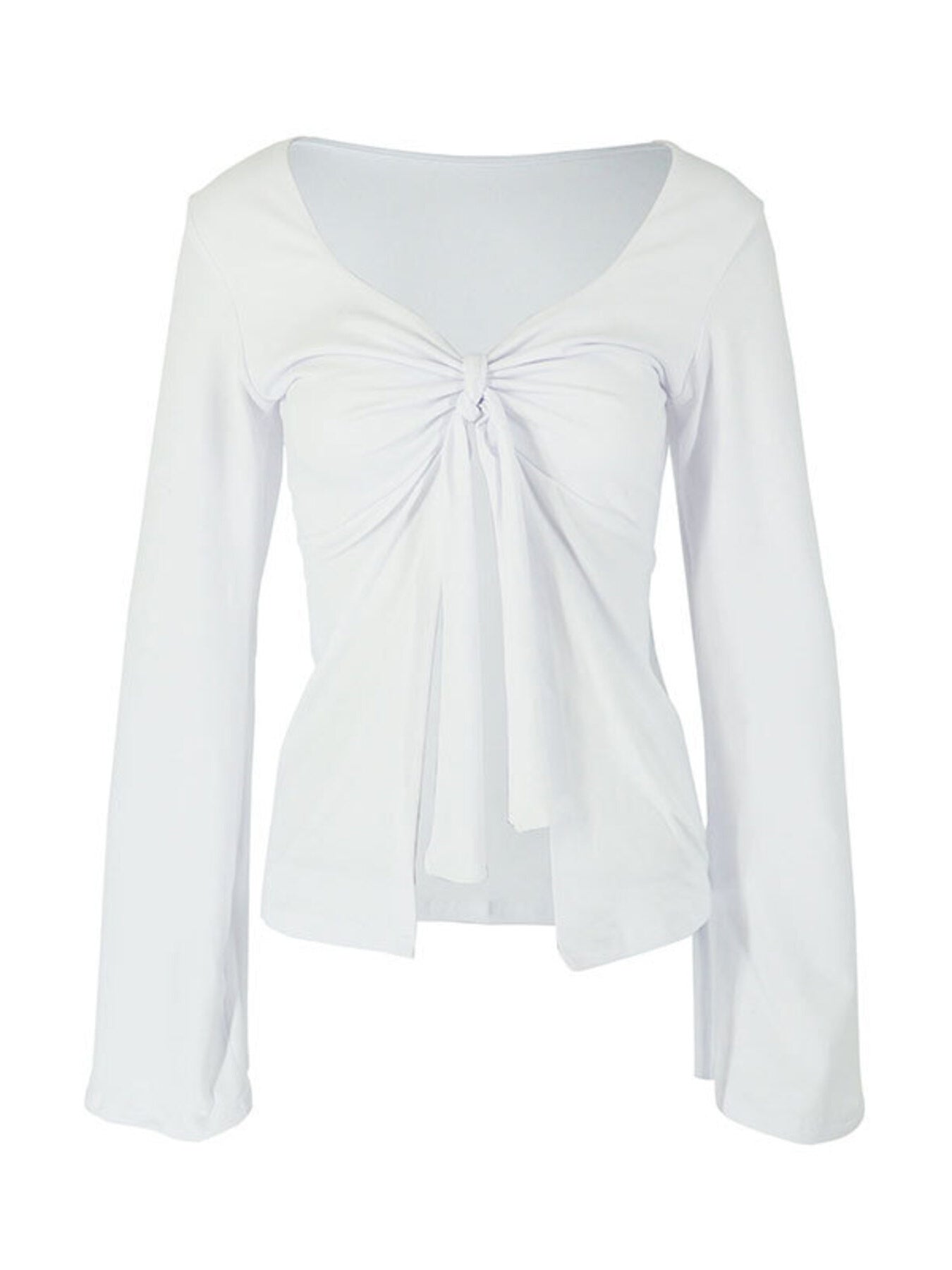 White long sleeve tie-front blouse with a deep V-neckline