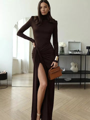 Elegant coffee brown turtleneck maxi dress with long sleeves, tie detail, and high slit.