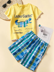 Yellow cotton graphic tee with alligator and plaid shorts set for toddlers.
