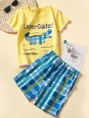 Yellow cotton graphic tee with alligator and plaid shorts set for toddlers.