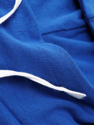 Royal blue hoodie with white drawstring detail and visible stitching