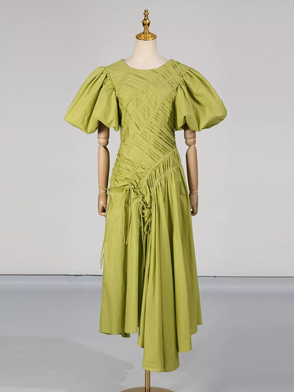 Puff Sleeve Ruched Midi Dress in Green, model styling view