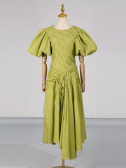 Puff Sleeve Ruched Midi Dress in Green, model styling view
