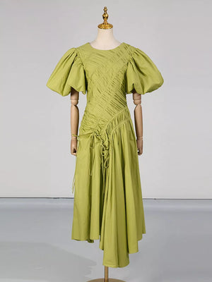 Puff Sleeve Ruched Midi Dress in Green, model styling view