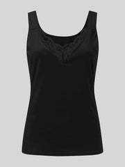 Black ribbed tank top with lace inset neckline
