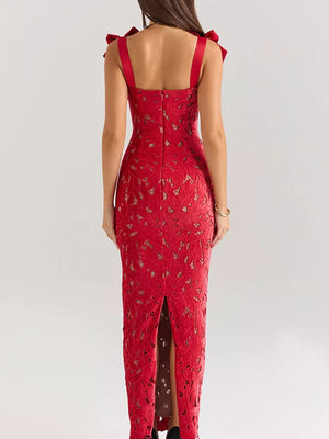 Red floral lace maxi dress with tie shoulder detail and thigh-high slit.