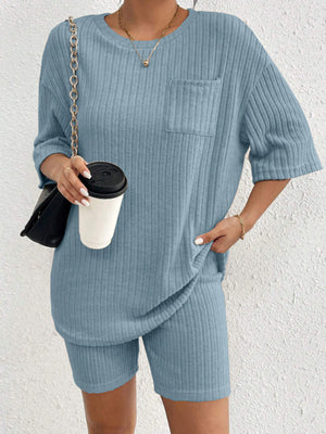 Light Blue ribbed lounge set with crew neck top and biker shorts.
