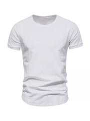 Men's white cotton round neck t-shirt with tactical-inspired seams.