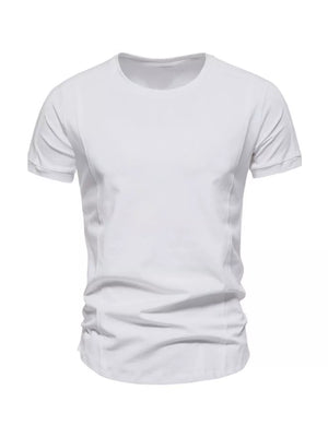 Men's white cotton round neck t-shirt with tactical-inspired seams.