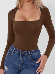 Brown long sleeve bodysuit with a square neckline, fitted.