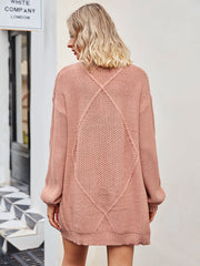 Pale blush cable knit longline cardigan with diamond pattern detail on back
