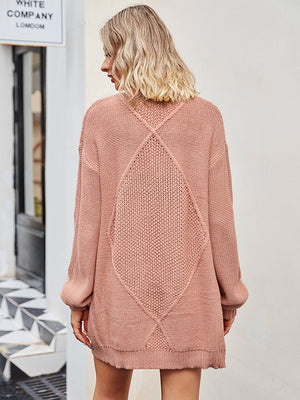 Pale blush cable knit longline cardigan with diamond pattern detail on back