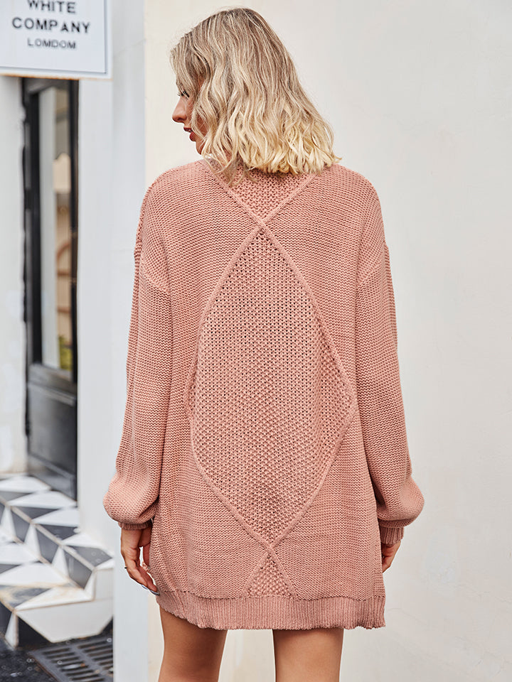 Pale blush cable knit longline cardigan with diamond pattern detail on back