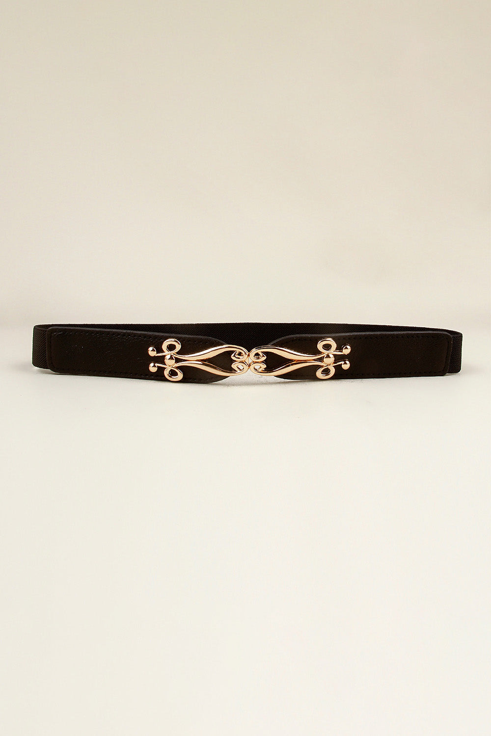 Black elastic belt with a sculpted gold alloy clasp and adjustable fit