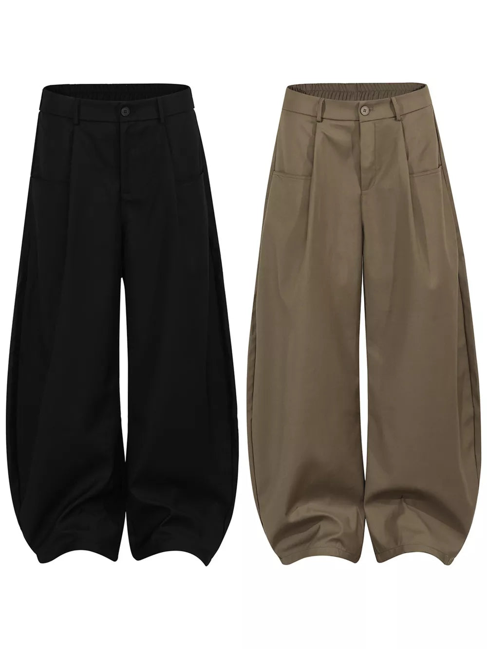 Black and brown wide-leg trousers with pleated front and adjustable waist.