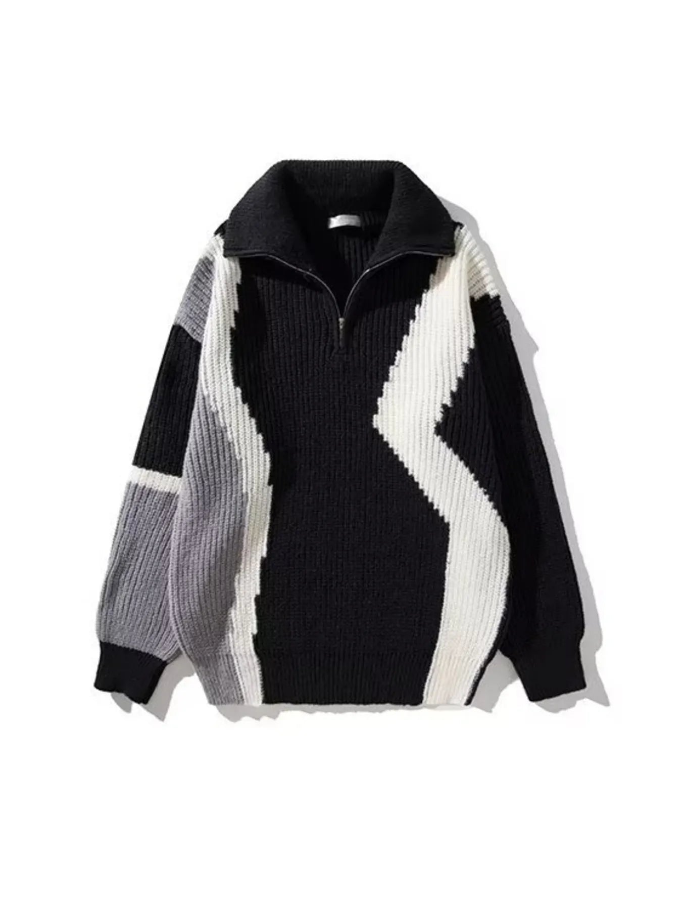 Plus-size color block zip collar sweater in black, white, and grey with a ribbed knit and geometric pattern.
