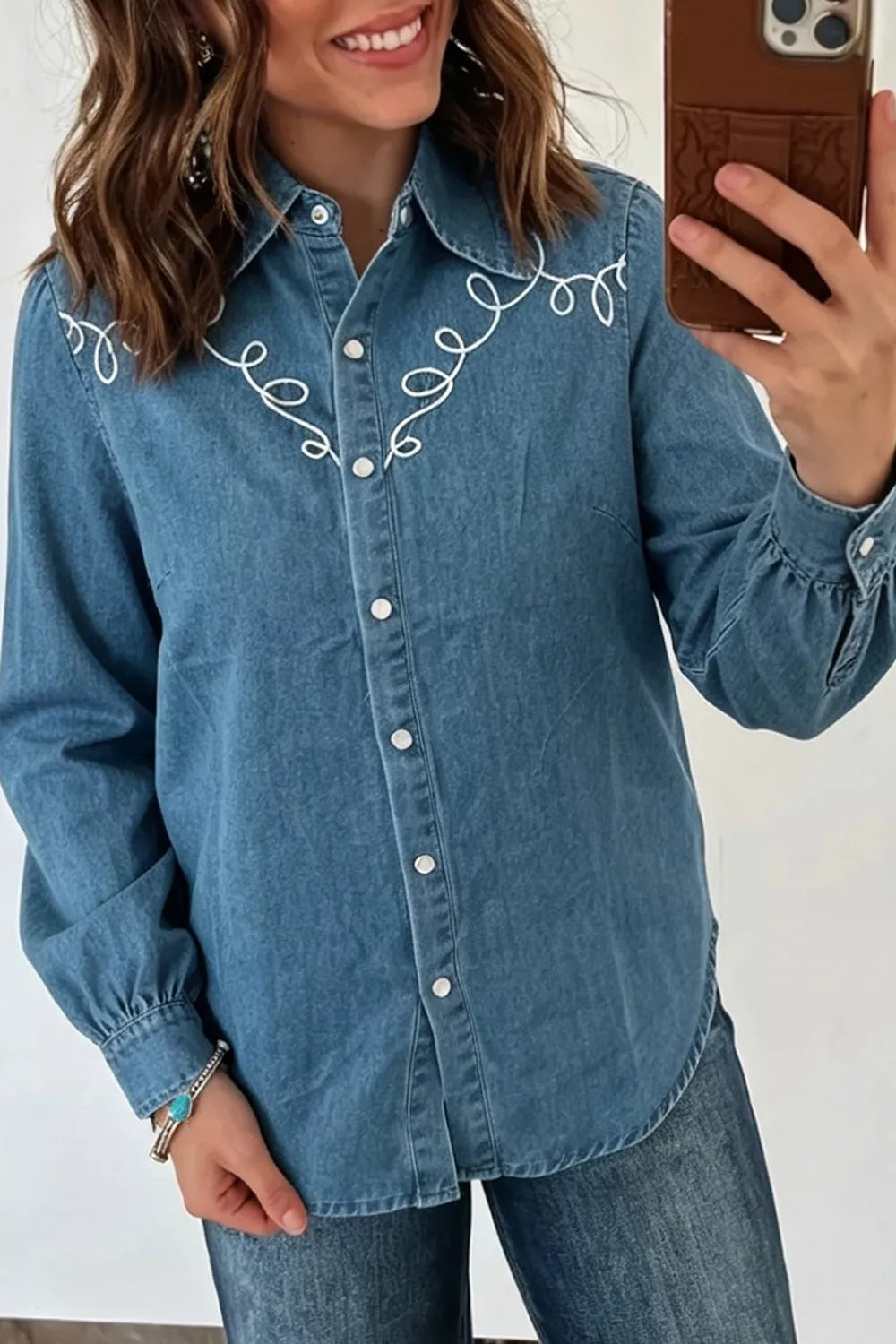 Embroidered Western Denim Top in Dusty Blue, close-up detail