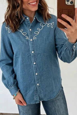 Embroidered Western Denim Top in Dusty Blue, close-up detail