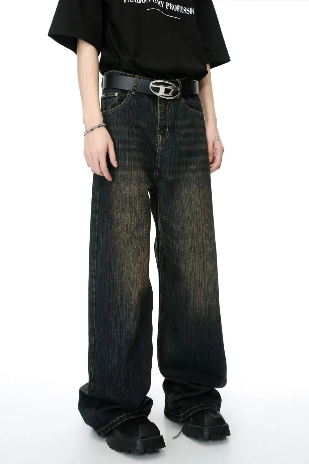 Dark wash wide-leg denim jeans with a faded, distressed look.