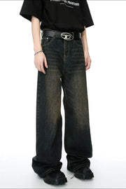 Dark wash wide-leg denim jeans with a faded, distressed look.