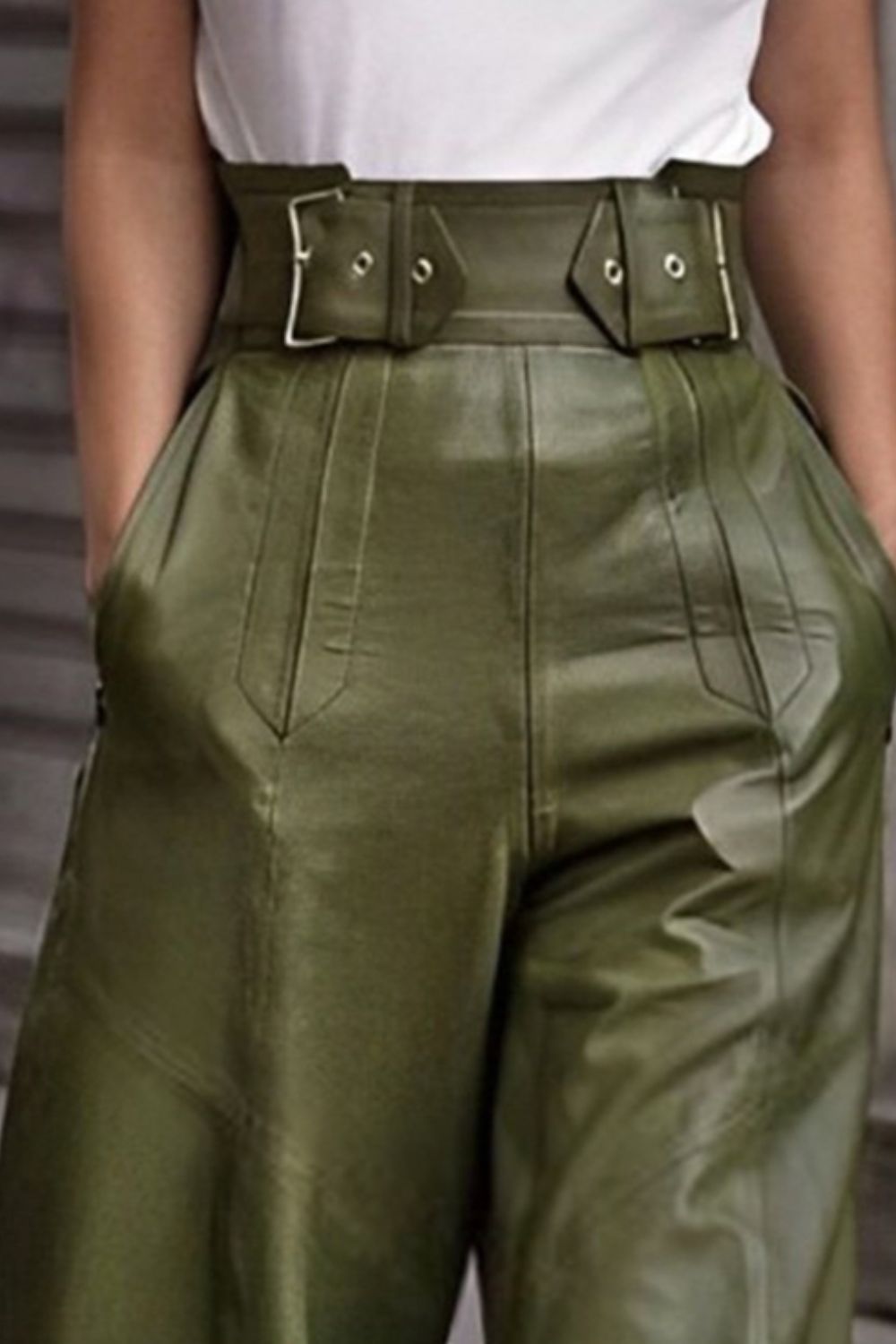 Moss wide-leg leather pants with buckle belt and pleated details