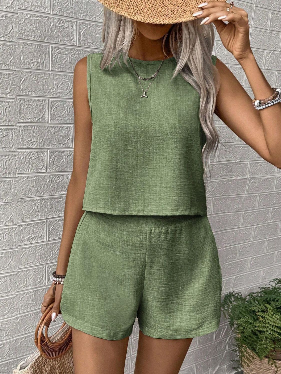 Textured linen tank and short co-ord set in matcha green, casual boho style.