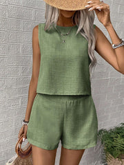 Textured linen tank and short co-ord set in matcha green, casual boho style.