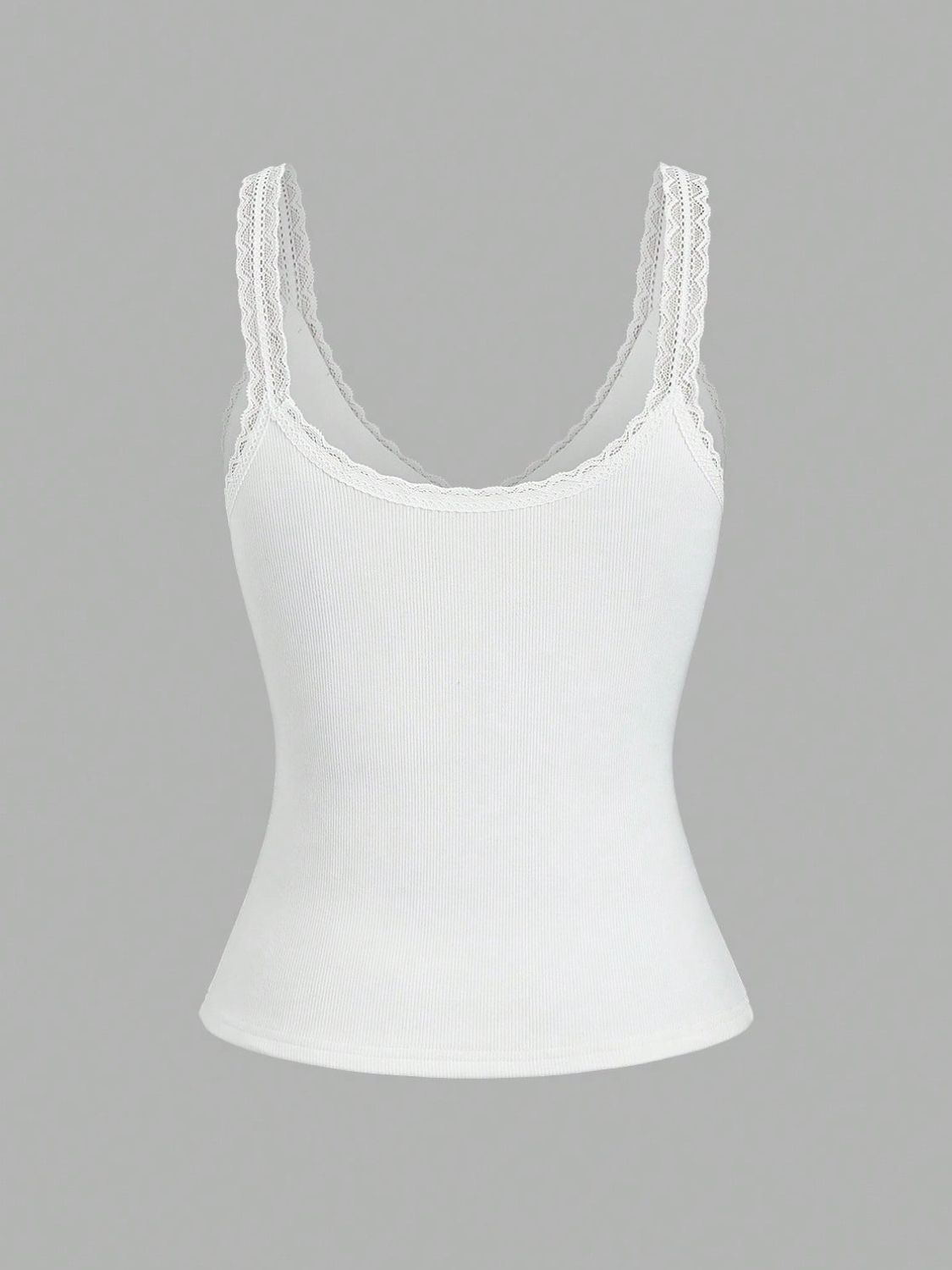 White ribbed cami with lace trim straps and neckline.