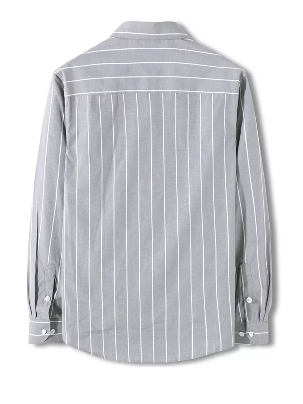 Grey striped long sleeve cotton blend button-down shirt with white pinstripes.