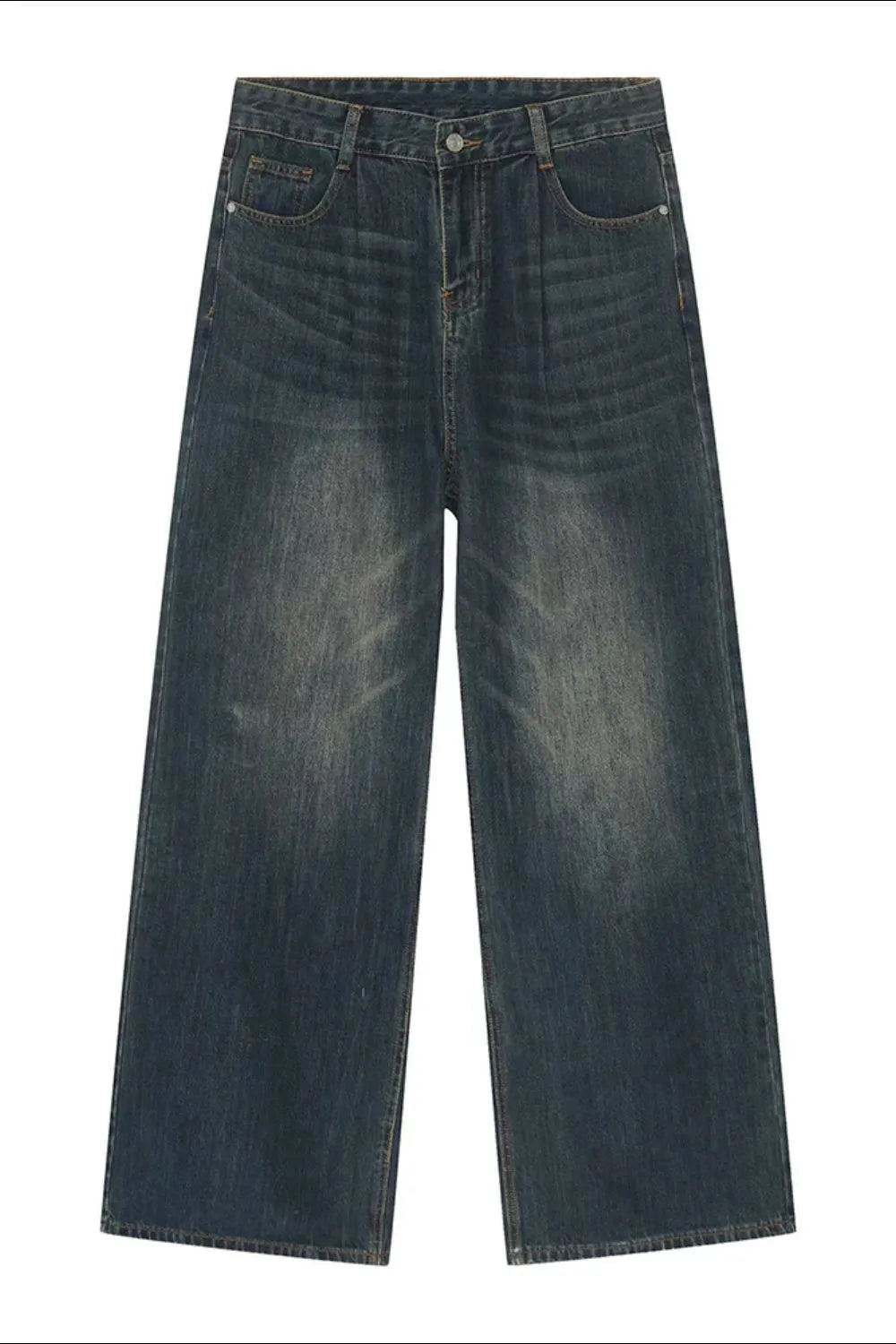 Oversized denim palazzo jeans in Peacock Blue with subtle wash and wide leg.