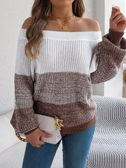 Off-shoulder knit sweater with colorblock pattern, balloon sleeves, and ribbed trim.