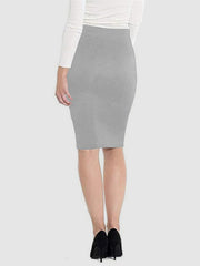 Gray pencil skirt with a high waist and a fitted silhouette.