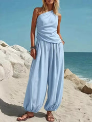 Draped One-shoulder Top & Wide-leg Pants Set