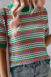 Open-knit striped mock neck top with short sleeves in multicolor acrylic blend.