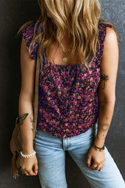 Floral ruffle strap square neck blouse with button detail.