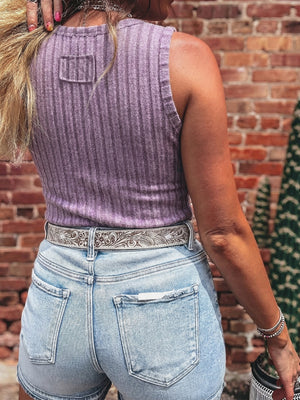 Purple ribbed mineral wash tank top with a small patch detail on the back.
