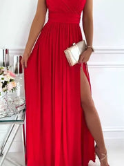 Red maxi dress with high slit and lace accents, v-neck, sleeveless.