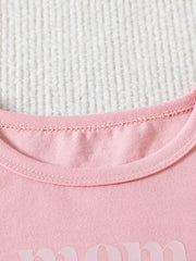 Blush pink cotton baby tee with "Mama" graphic detail, crew neck.