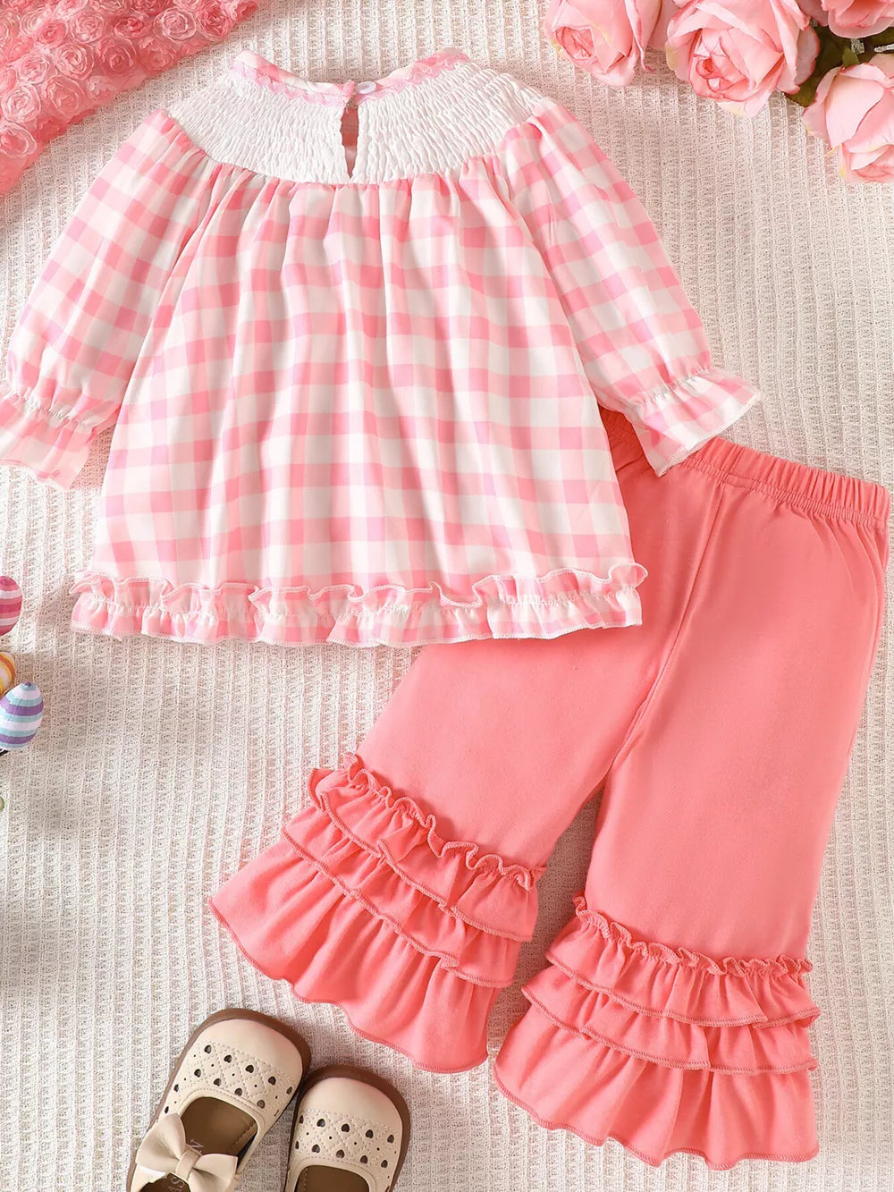 Children's Plaid Smocked Long Sleeve Top And Pants Set in Pink, fabric detail