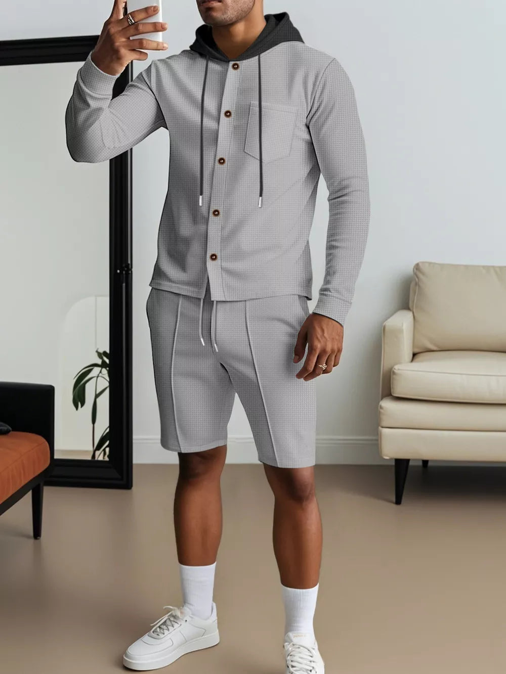 Men's Casual Hooded Button-up Shirt And Shorts Set, back view
