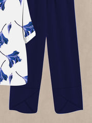 Floral print half sleeve top with dark blue wide leg pants