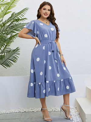 Cerulean polka dot midi dress with flutter sleeves, V-neck, tie waist, and ruffled hem.