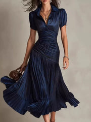 Elegant Pleated Midi Dress With Ruched Bodice
