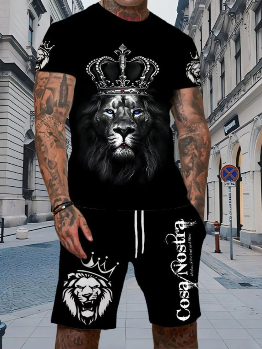 Men's Full Size Round Neck Tee And Shorts Set, alternate angle