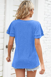 Blue Flutter Sleeve Henley Tee with layered short sleeves.