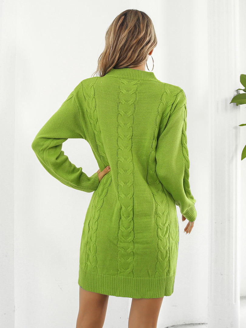 Lime cable knit sweater dress with long sleeves and mock neck, acrylic.