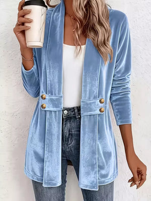 Elegant Velvet Open-front Cardigan in White, front view