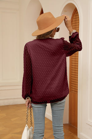 Wine embroidered Swiss dot blouse with poet sleeves and lace cuffs.