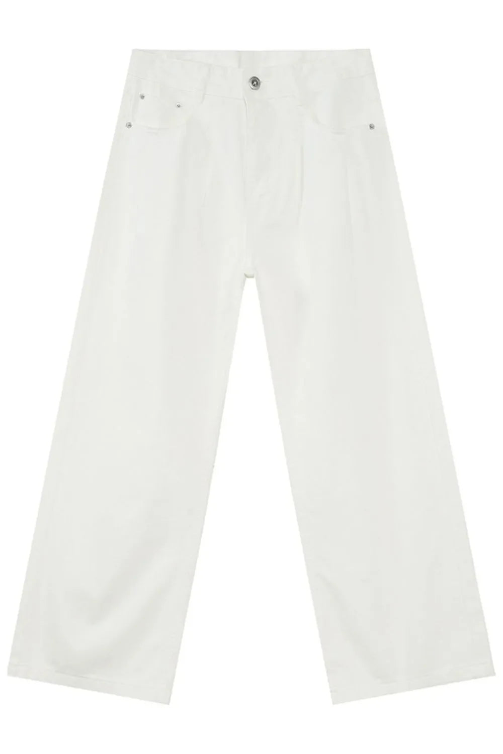 Ivory wide-leg denim trousers with pleats and a casual silhouette.